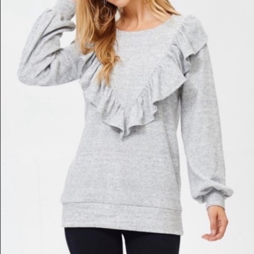 CLEARANCE Gray Ruffle Light Knit Long Sleeve Sweater - Picture 3 of 5